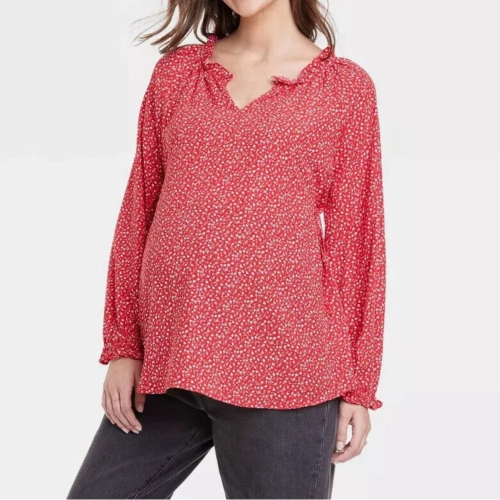 Isabel Maternity Red White Floral Long Sleeve Ruffle‎ Top- Small